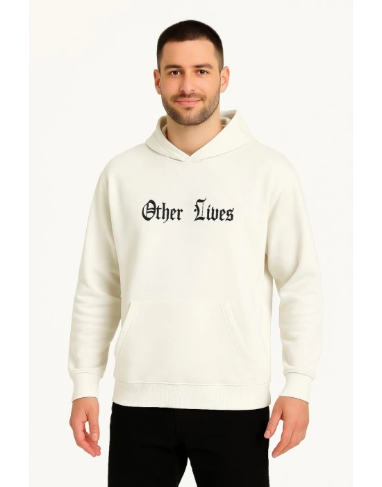Erkek Kapşonlu Sweatshirt – Oversize Üç İplik Şardonlu Hoodie, “Other Lives” Ön & Arka Baskılı, Kanguru Cepli, Kışlık Rahat Günlük Stil - Beyaz