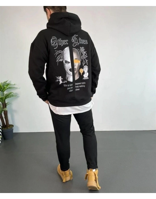 Erkek Kapşonlu Sweatshirt – Oversize Üç İplik Şardonlu Hoodie, “Other Lives” Ön & Arka Baskılı, Kanguru Cepli, Kışlık Rahat Günlük Stil - Siyah