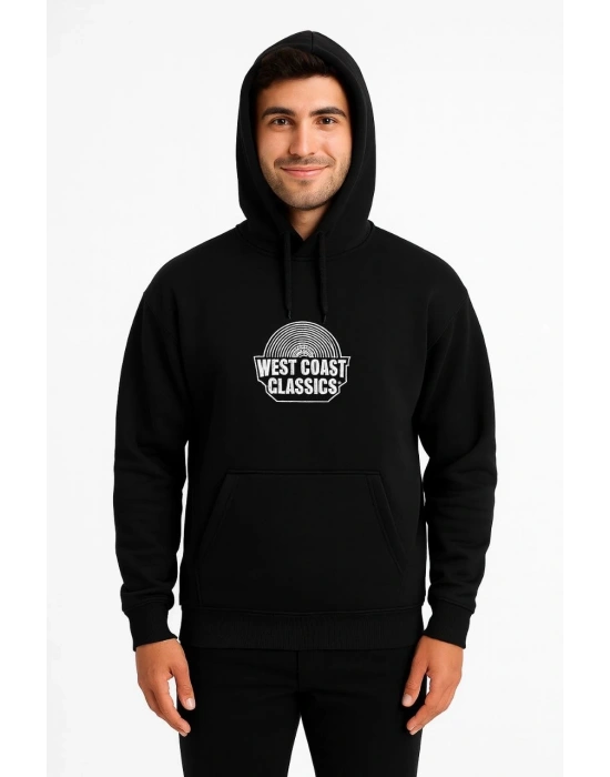 Erkek Kapşonlu Sweatshirt – Oversize Üç İplik Şardonlu Hoodie, “West Coast Classics” Ön & Arka Baskılı, Kanguru Cepli Kışlık Günlük Stil - Siyah