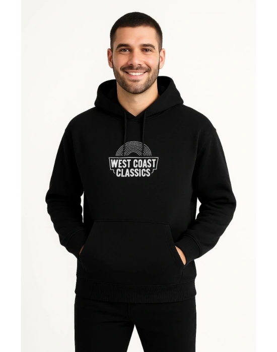 Erkek Kapşonlu Sweatshirt – Oversize Üç İplik Şardonlu Hoodie, “West Coast Classics” Ön & Arka Baskılı, Kanguru Cepli Kışlık Günlük Stil - Siyah