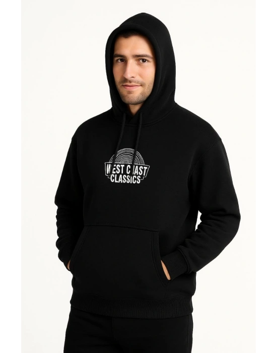 Erkek Kapşonlu Sweatshirt – Oversize Üç İplik Şardonlu Hoodie, “West Coast Classics” Ön & Arka Baskılı, Kanguru Cepli Kışlık Günlük Stil - Siyah