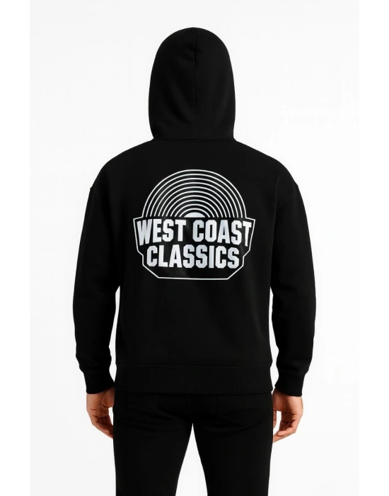 Erkek Kapşonlu Sweatshirt – Oversize Üç İplik Şardonlu Hoodie, “West Coast Classics” Ön & Arka Baskılı, Kanguru Cepli Kışlık Günlük Stil - Siyah