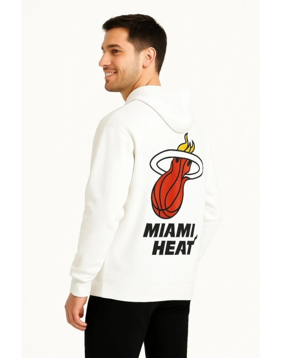 Erkek Kapşonlu Sweatshirt – Üç İplik Şardonlu Kumaş, Oversize Fit, Ön & Arka Baskılı, Kanguru Cepli, Kışlık Rahat Hoodie - Beyaz