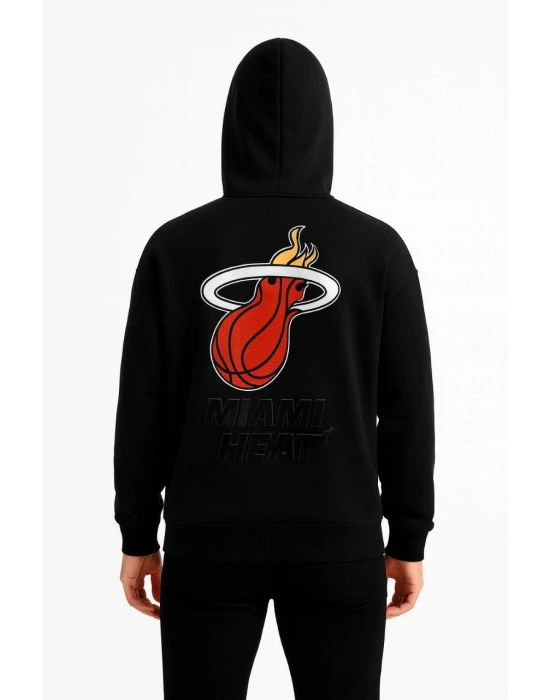 Erkek Kapşonlu Sweatshirt – Üç İplik Şardonlu Kumaş, Oversize Fit, Ön & Arka Baskılı, Kanguru Cepli, Kışlık Rahat Hoodie - Siyah