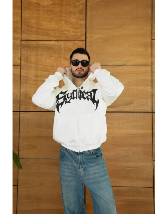 Erkek Kapüşonlu 3 İplik Şardonlu Önü Baskılı Fermuarlı Oversize Sweatshirt - Beyaz