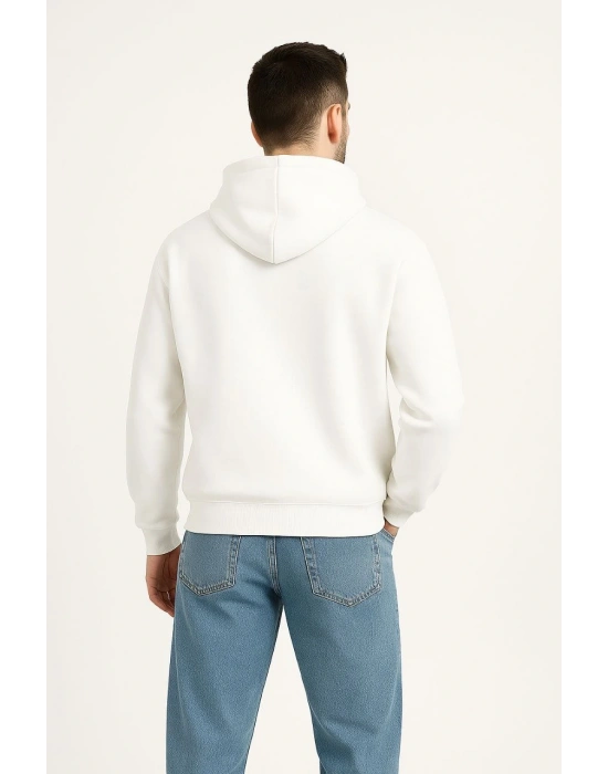Erkek Kapüşonlu 3 İplik Şardonlu Önü Baskılı Fermuarlı Oversize Sweatshirt - Beyaz