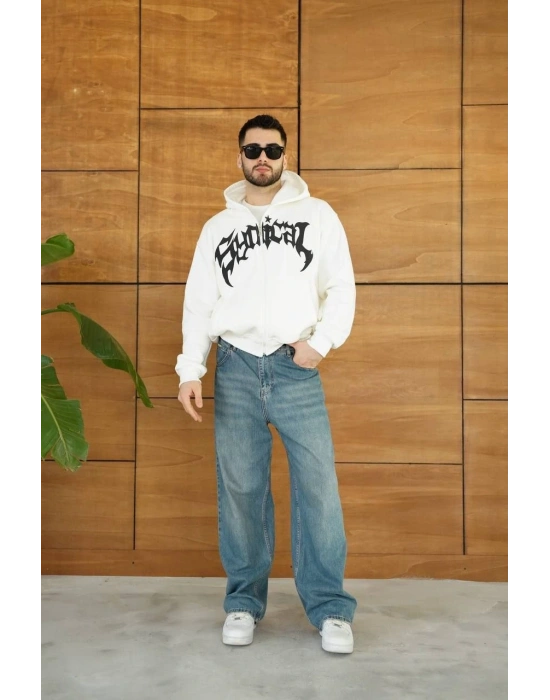 Erkek Kapüşonlu 3 İplik Şardonlu Önü Baskılı Fermuarlı Oversize Sweatshirt - Beyaz