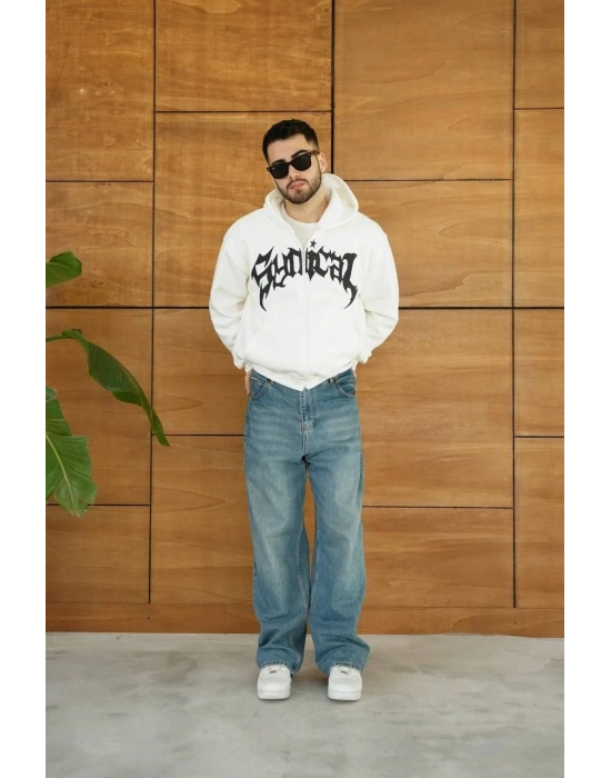 Erkek Kapüşonlu 3 İplik Şardonlu Önü Baskılı Fermuarlı Oversize Sweatshirt - Beyaz