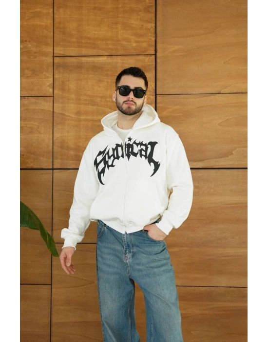 Erkek Kapüşonlu 3 İplik Şardonlu Önü Baskılı Fermuarlı Oversize Sweatshirt - Beyaz