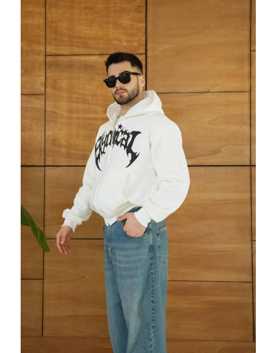 Erkek Kapüşonlu 3 İplik Şardonlu Önü Baskılı Fermuarlı Oversize Sweatshirt - Beyaz