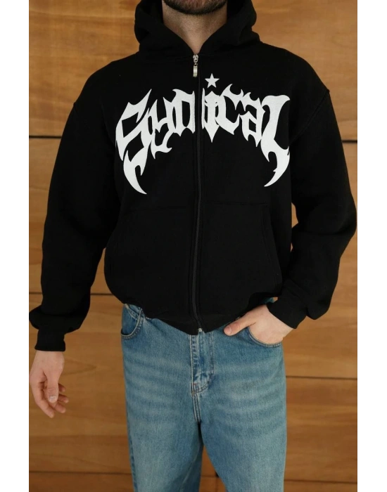 Erkek Kapüşonlu 3 İplik Şardonlu Önü Baskılı Fermuarlı Oversize Sweatshirt - Siyah