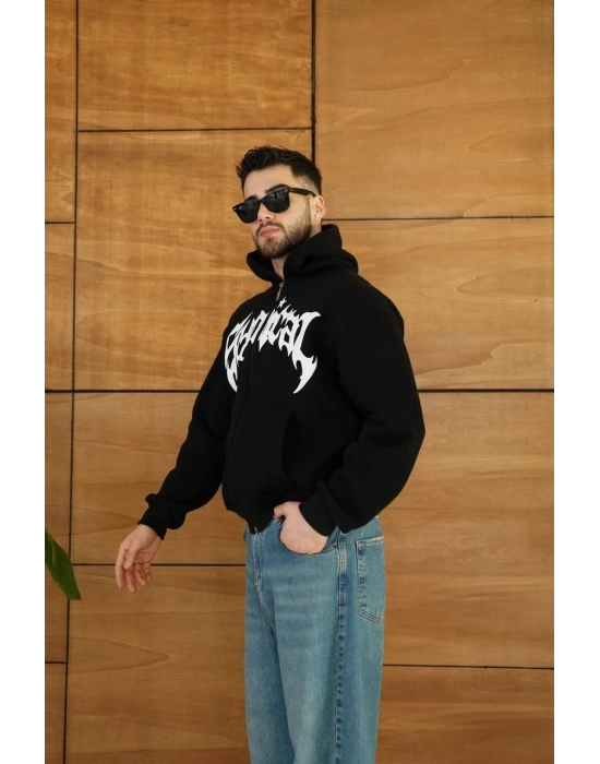 Erkek Kapüşonlu 3 İplik Şardonlu Önü Baskılı Fermuarlı Oversize Sweatshirt - Siyah