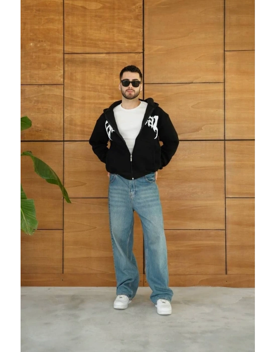 Erkek Kapüşonlu 3 İplik Şardonlu Önü Baskılı Fermuarlı Oversize Sweatshirt - Siyah