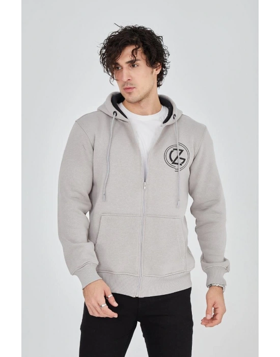 Erkek Kapüşonlu Baskılı Fermuarlı Hırka - Boyalı Gri