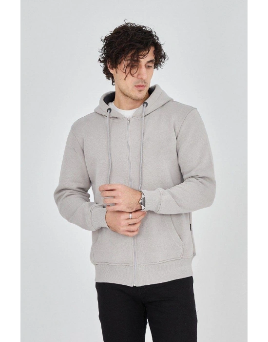 Erkek Kapüşonlu Düz Fermuarlı Hırka - Boyalı Gri