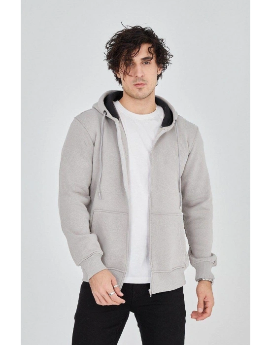 Erkek Kapüşonlu Düz Fermuarlı Hırka - Boyalı Gri