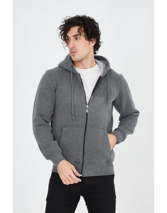 Erkek Kapüşonlu Düz Fermuarlı Hırka - Füme