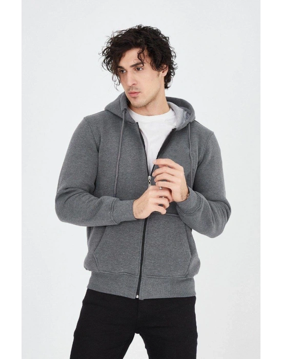 Erkek Kapüşonlu Düz Fermuarlı Hırka - Füme