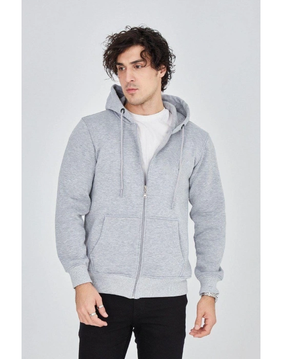 Erkek Kapüşonlu Düz Fermuarlı Hırka - Gri