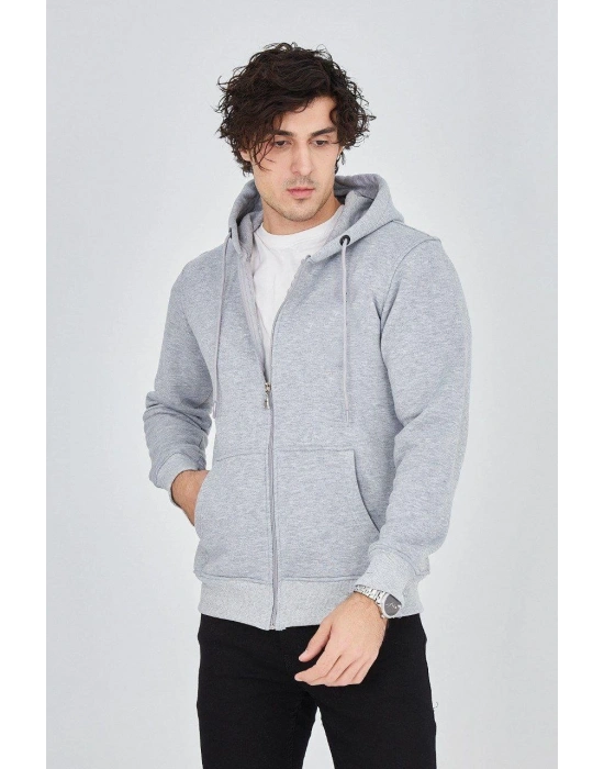 Erkek Kapüşonlu Düz Fermuarlı Hırka - Gri