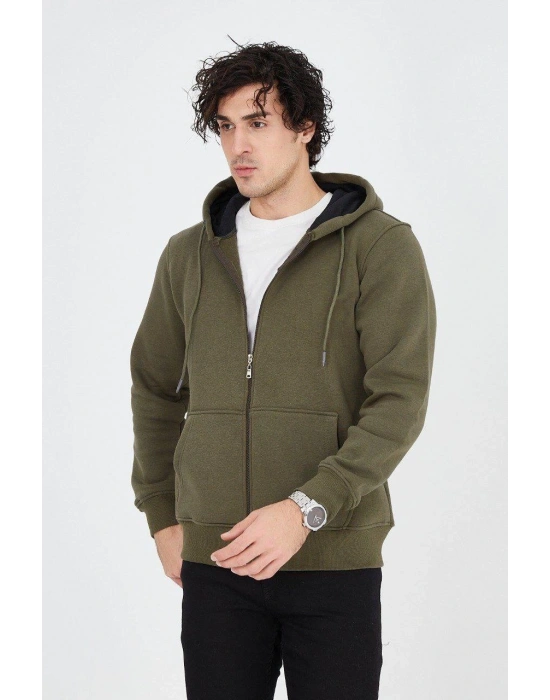 Erkek Kapüşonlu Düz Fermuarlı Hırka - Yeşil