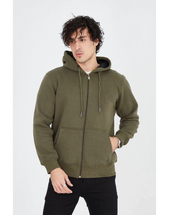 Erkek Kapüşonlu Düz Fermuarlı Hırka - Yeşil