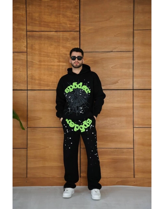 Erkek Kapüşonlu Eşofman Takım Örümcek Ağı ve Neon Yeşil Baskılı Kanguru cepli Oversize Rahat Kalıp, Premium Üç İplik Kumaş - Siyah