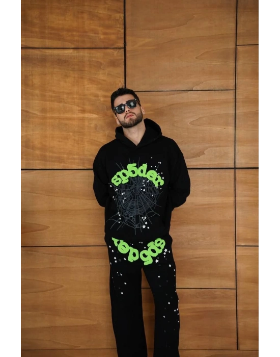 Erkek Kapüşonlu Eşofman Takım Örümcek Ağı ve Neon Yeşil Baskılı Kanguru cepli Oversize Rahat Kalıp, Premium Üç İplik Kumaş - Siyah