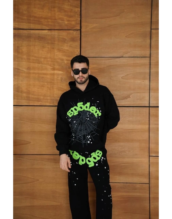 Erkek Kapüşonlu Eşofman Takım Örümcek Ağı ve Neon Yeşil Baskılı Kanguru cepli Oversize Rahat Kalıp, Premium Üç İplik Kumaş - Siyah