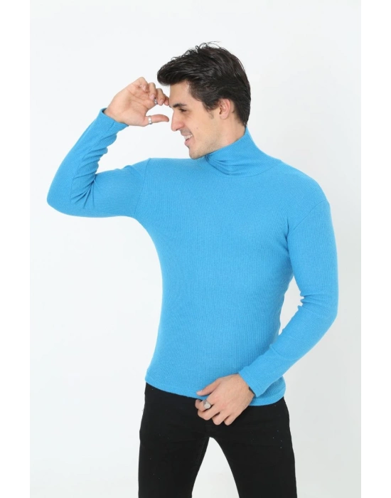 Erkek Kaşkorse Boğazlı Full Likralı Fitilli Body Kazak - Bebek Mavisi