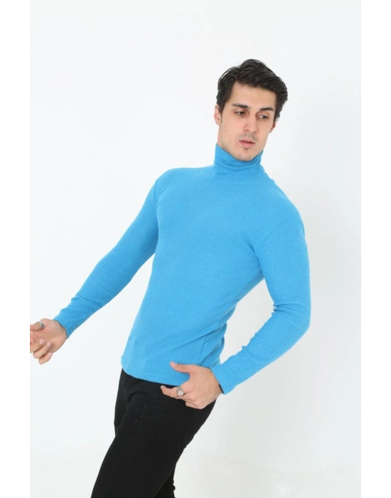 Erkek Kaşkorse Boğazlı Full Likralı Fitilli Body Kazak - Bebek Mavisi