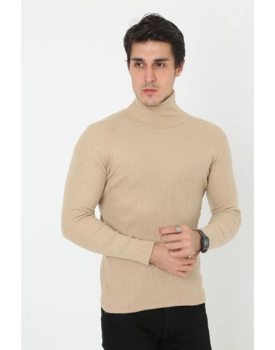Erkek Kaşkorse Boğazlı Full Likralı Fitilli Body Kazak - Bej