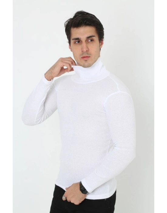 Erkek Kaşkorse Boğazlı Full Likralı Fitilli Body Kazak - Beyaz