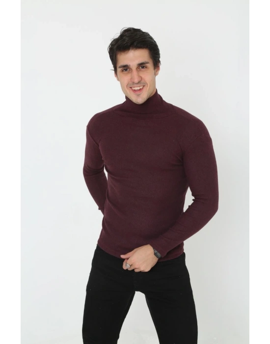 Erkek Kaşkorse Boğazlı Full Likralı Fitilli Body Kazak - Bordo