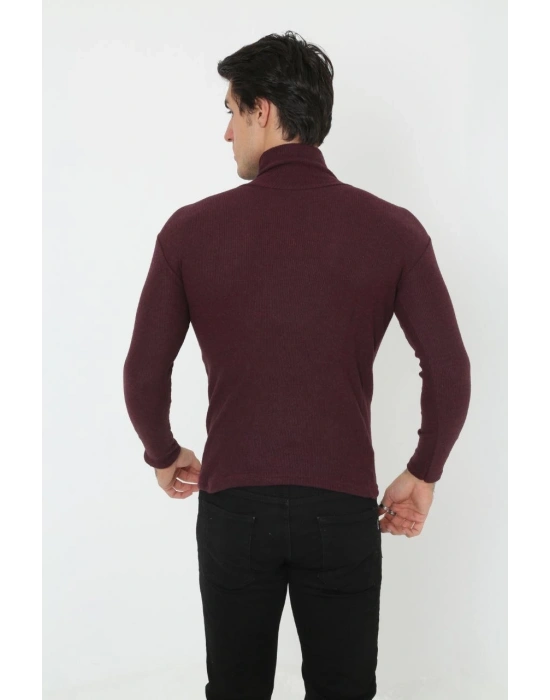 Erkek Kaşkorse Boğazlı Full Likralı Fitilli Body Kazak - Bordo