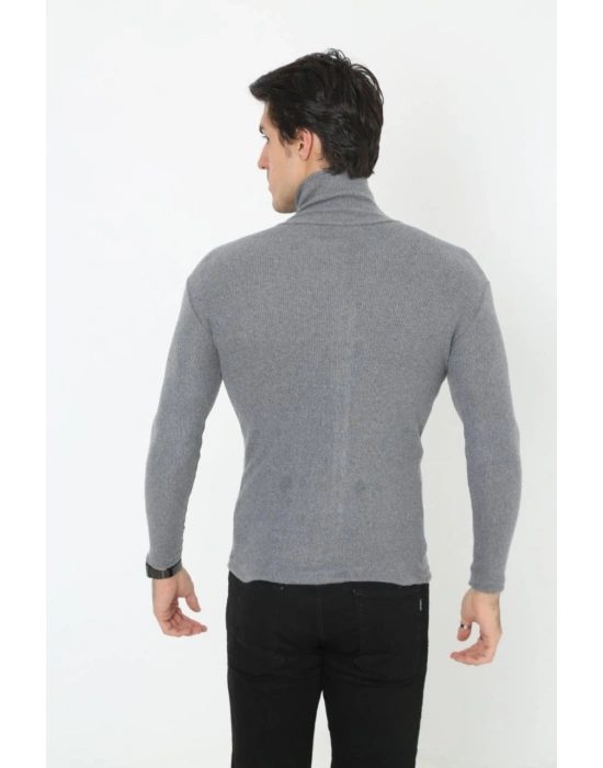 Erkek Kaşkorse Boğazlı Full Likralı Fitilli Body Kazak - Füme