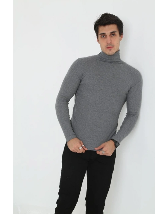 Erkek Kaşkorse Boğazlı Full Likralı Fitilli Body Kazak - Füme