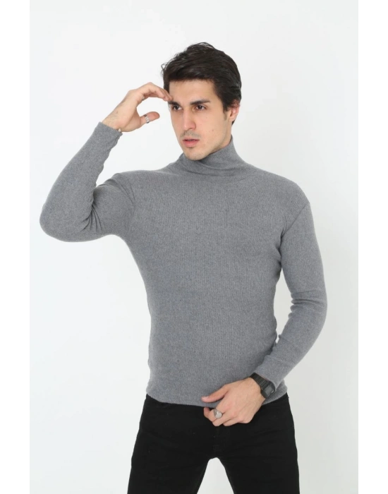 Erkek Kaşkorse Boğazlı Full Likralı Fitilli Body Kazak - Füme