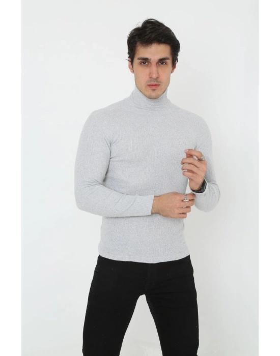 Erkek Kaşkorse Boğazlı Full Likralı Fitilli Body Kazak - Gri