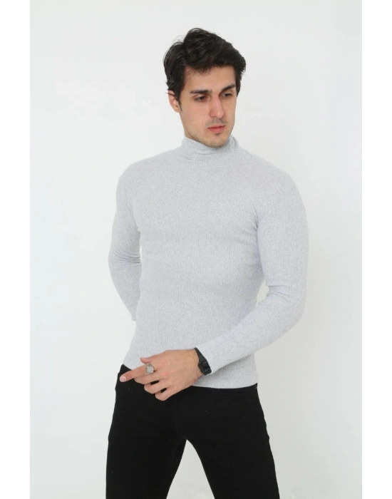 Erkek Kaşkorse Boğazlı Full Likralı Fitilli Body Kazak - Gri