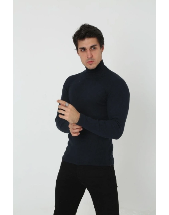 Erkek Kaşkorse Boğazlı Full Likralı Fitilli Body Kazak - Siyah