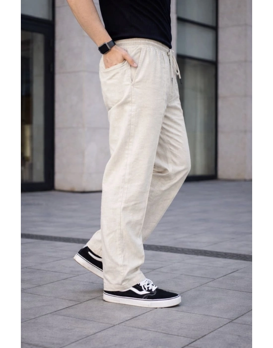 Erkek Keten Cepli Çıma Dikişli jogger Buggy Pantalon Rahat kalıp - Krem
