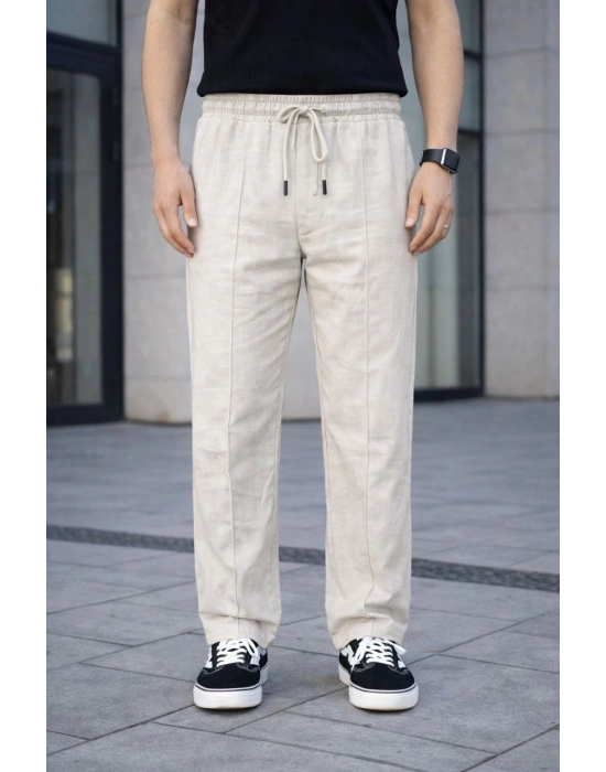 Erkek Keten Cepli Çıma Dikişli jogger Buggy Pantalon Rahat kalıp - Krem