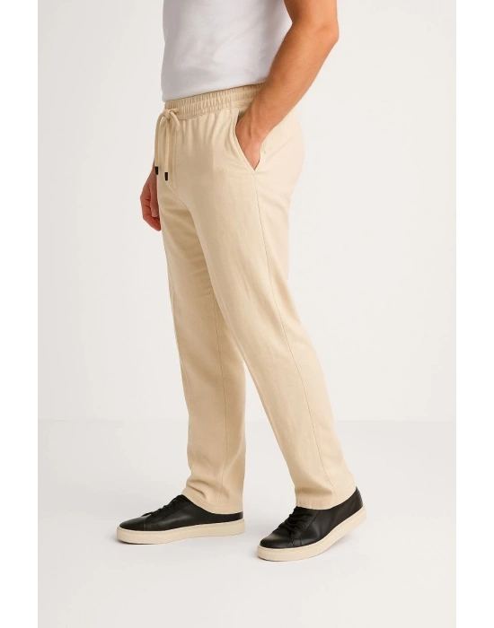 Erkek Keten Pantolon – Cepli, Beli Lastikli ve Bağcıklı, Nefes Alan Rahat Kalıp, Yazlık ve Baharlık Günlük Giyim, Şık & Konforlu Boru Paça Model - Bej