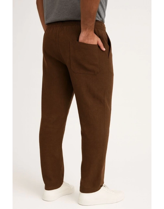 Erkek Keten Pantolon – Cepli, Beli Lastikli ve Bağcıklı, Nefes Alan Rahat Kalıp, Yazlık ve Baharlık Günlük Giyim, Şık & Konforlu Boru Paça Model - Kahverengi