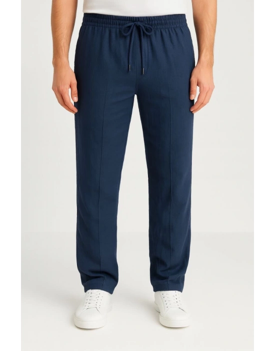 Erkek Keten Pantolon – Cepli, Beli Lastikli ve Bağcıklı, Nefes Alan Rahat Kalıp, Yazlık ve Baharlık Günlük Giyim, Şık & Konforlu Boru Paça Model - Lacivert