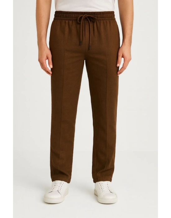 Erkek Keten Pantolon – Cepli, Beli Lastikli ve Bağcıklı, Nefes Alan Rahat Kalıp, Yazlık ve Baharlık Günlük Giyim, Şık & Konforlu Boru Paça Model - Kahverengi