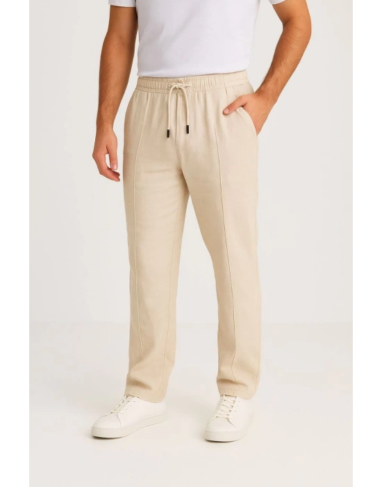 Erkek Keten Pantolon – Cepli, Beli Lastikli ve Bağcıklı, Nefes Alan Rahat Kalıp, Yazlık ve Baharlık Günlük Giyim, Şık & Konforlu Boru Paça Model - Bej