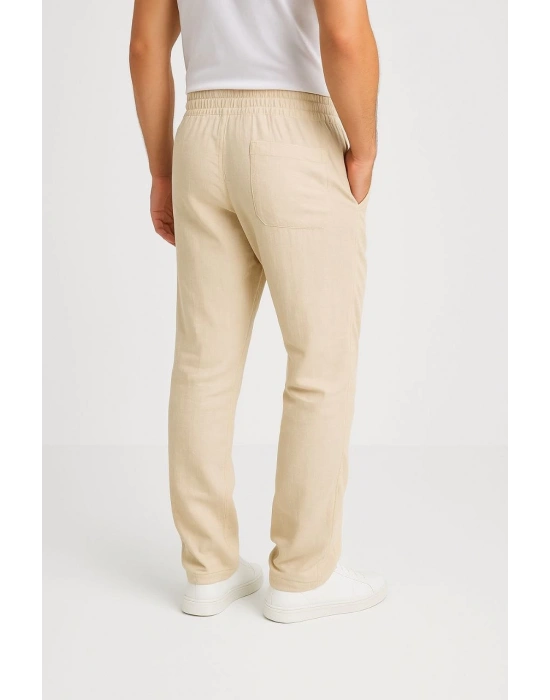 Erkek Keten Pantolon – Cepli, Beli Lastikli ve Bağcıklı, Nefes Alan Rahat Kalıp, Yazlık ve Baharlık Günlük Giyim, Şık & Konforlu Boru Paça Model - Bej