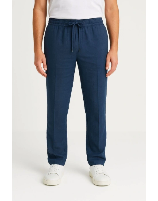 Erkek Keten Pantolon – Cepli, Beli Lastikli ve Bağcıklı, Nefes Alan Rahat Kalıp, Yazlık ve Baharlık Günlük Giyim, Şık & Konforlu Boru Paça Model - Lacivert